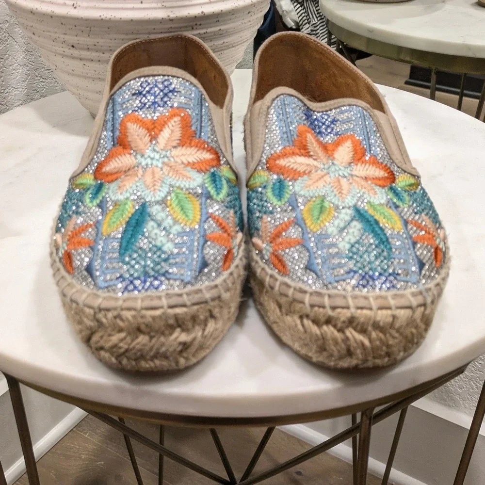 Johnny Was Elysia Metallic Floral Embroidered Espadrille Sz 39 Blue Boho Slip On